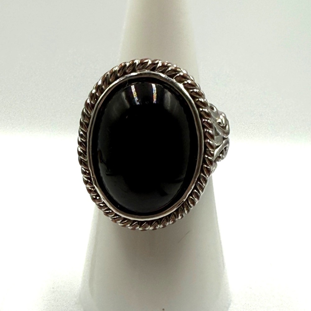 Vintage Style Black Onyx Cabochon Silver Tone Filigree Cocktail‎ Ring Size 6.5